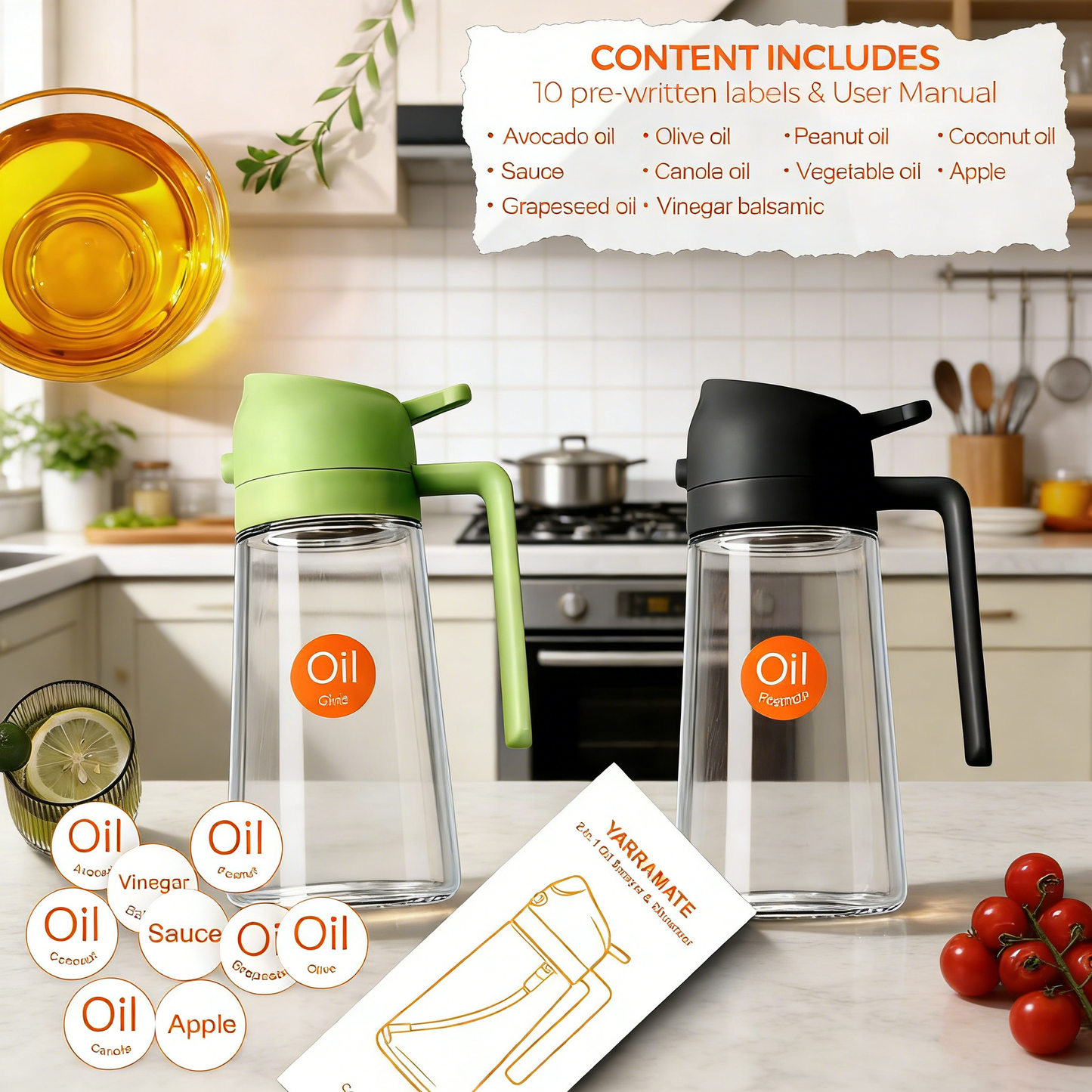 16oz Glass Oil Spray Bottle, Food-Grade with Portion Control